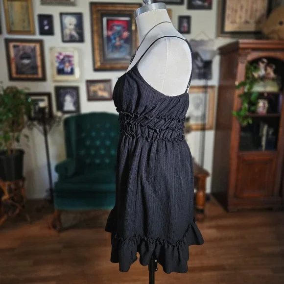 Vintage Y2K Liberty Love Black Ruffle Spaghetti Strap Smocked Waist Mini Dress - Picture 6 of 7